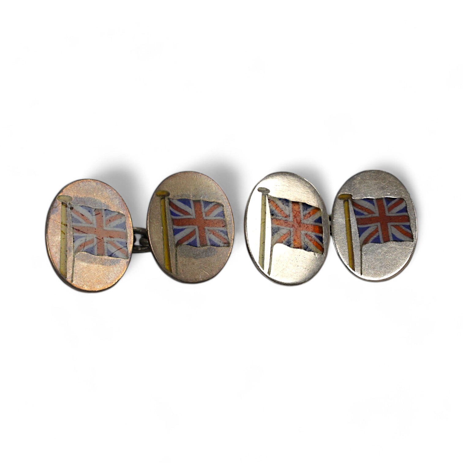 A pair of white metal and enamel oval 'Union Jack' cufflinks. Condition - poor to fair